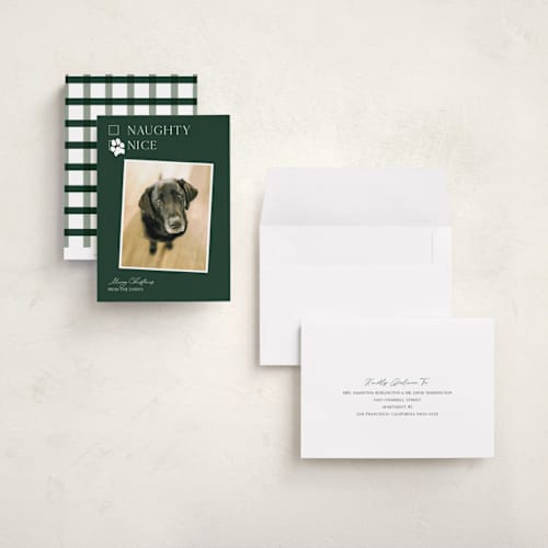 This is a forest holiday photo cards with standard by Kat Roberts called nice pup printing on recycled smooth signature in grand