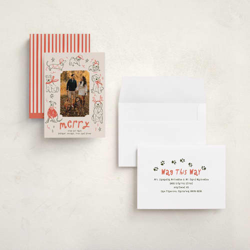This is a cranberry holiday photo cards with standard by Vera Lim called doggy merry printing on signature in grand
