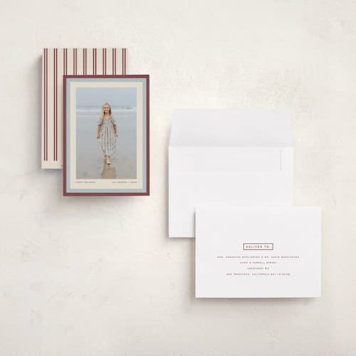 This is a cranberry holiday photo cards with standard by Snow and Ivy called stripe duet printing on signature in grand