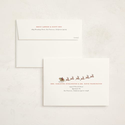 This is a santa holiday photo cards with standard by Becky Nimoy called colonial home printing on signature in grand