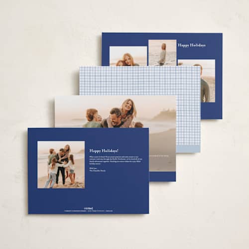 This is a chambray holiday photo cards with standard by Sarah Knight called gingham garland printing on signature in grand