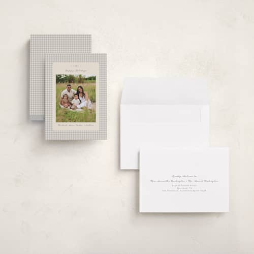 This is a ash holiday photo cards with standard by Emily Betts called gingham vintage printing on recycled smooth signature in grand