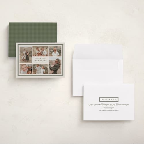 This is a pine holiday photo cards with standard by Brianne Larsen called framed name printing on signature in grand