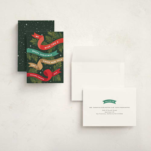 This is a pine holiday photo cards with standard by Paper Raven Co. called ribbon box printing on signature in grand