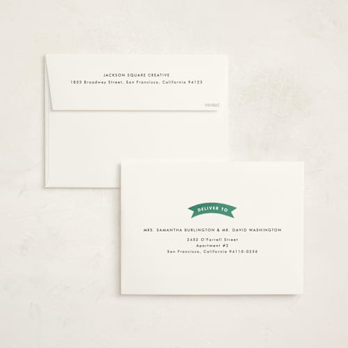 This is a pine holiday photo cards with standard by Paper Raven Co. called ribbon box printing on signature in grand