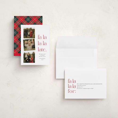 This is a crimson holiday photo cards with standard by Amy Payne called fa la la la late printing on recycled smooth signature in grand