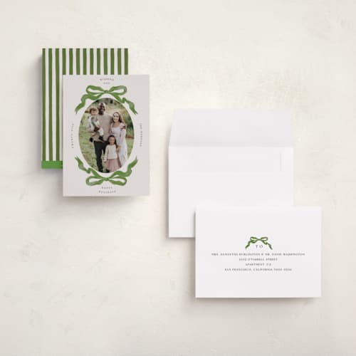 This is a pine holiday photo cards with standard by Pati Cascino called gibson printing on recycled smooth signature in grand