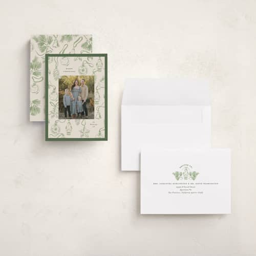 This is a pine holiday photo cards with standard by Corinne Malesic called ornament collection printing on signature in grand