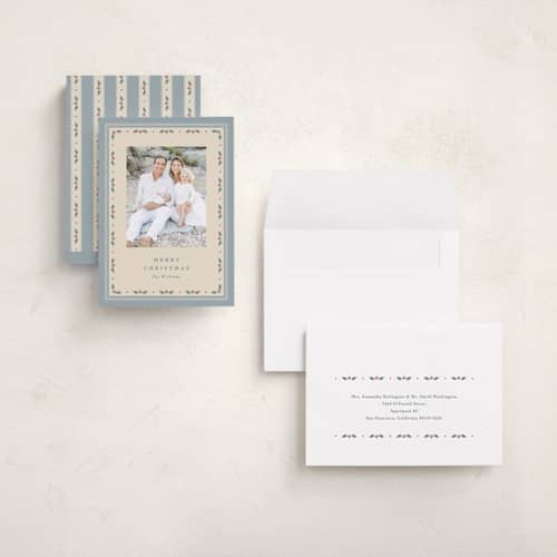 This is a wintermint holiday photo cards with standard by Robert and Stella called dainty holly printing on signature in grand