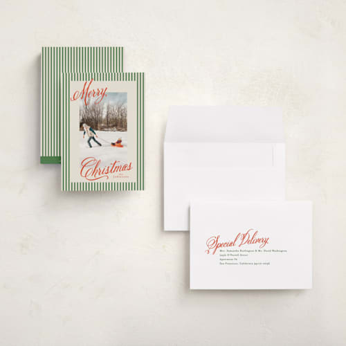 This is a forest holiday photo cards with standard by Karidy Walker called script and stripes printing on signature in grand