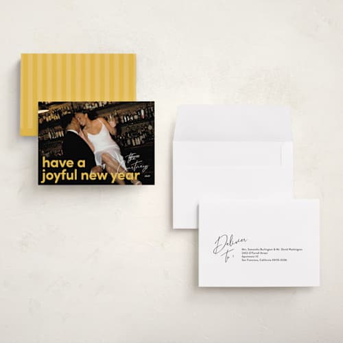 This is a goldenrod holiday photo cards with standard by Kacey Kendrick Wagner called bright message printing on recycled smooth signature in grand