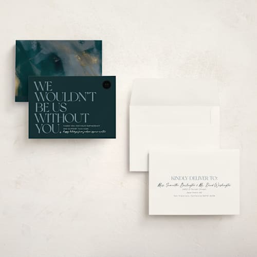 This is a midnight blue holiday photo cards with standard by Keen Peachy called wouldn't be us printing on signature in grand