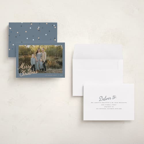 This is a sunlit holiday photo cards with standard by Pixel and Hank called palette printing on signature in grand