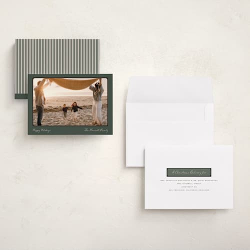 This is a evergreen holiday photo cards with standard by Pixel and Hank called reverie printing on signature in grand