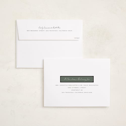 This is a evergreen holiday photo cards with standard by Pixel and Hank called reverie printing on signature in grand