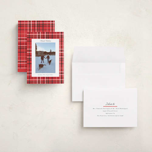 This is a poinsettia holiday photo cards with standard by Emily Sabol Goss called retro plaid printing on signature in grand