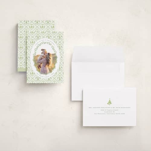This is a forest holiday photo cards with standard by Bayberry Kate called chintz printing on recycled smooth signature in grand