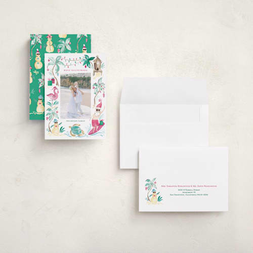 This is a guava holiday photo cards with standard by Sarah Knight called merry luau printing on recycled smooth signature in grand