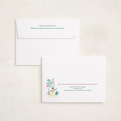 This is a guava holiday photo cards with standard by Sarah Knight called merry luau printing on recycled smooth signature in grand