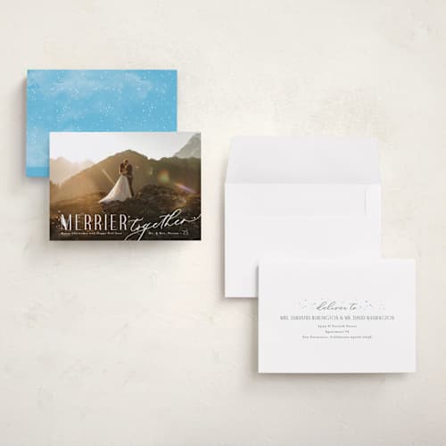 This is a frost holiday photo cards with standard by Anastasia Makarova called so merrier together printing on recycled smooth signature in grand