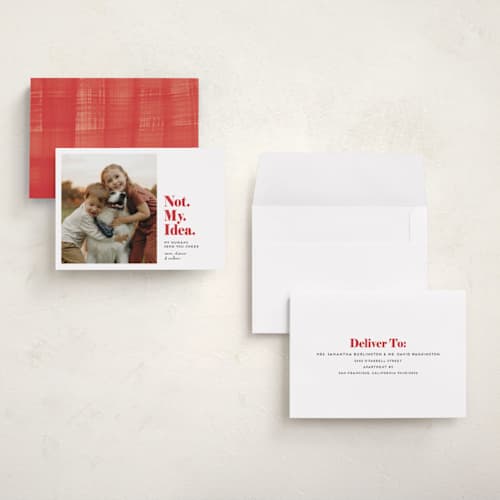 This is a bright red holiday photo cards with standard by Penny Eversole called not my idea pet card printing on recycled smooth signature in grand