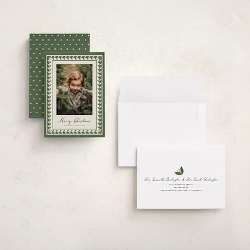 This is a pine holiday photo cards with standard by Maja Cunningham called linocut frame printing on signature in grand