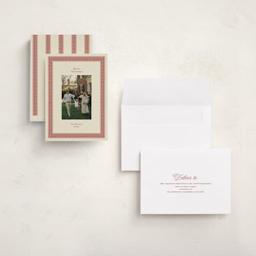 This is a cranberry holiday photo cards with standard by Ellen Schlegelmilch called gingham ribbon printing on signature in grand