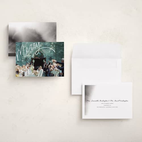 This is a wedding cake holiday photo cards with standard by Becky Nimoy called merry hand lettered script printing on recycled smooth signature in grand
