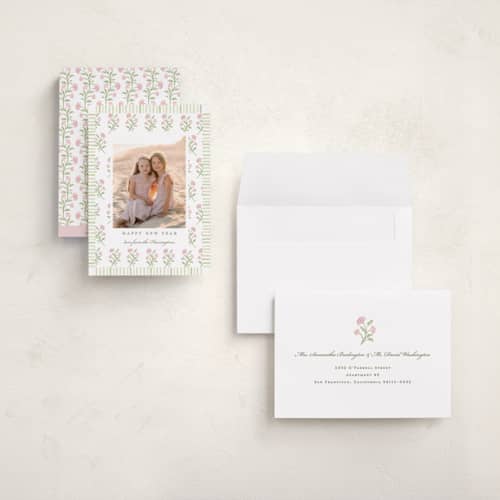 This is a candy holiday photo cards with standard by Sarah Knight called block print florals printing on signature in grand