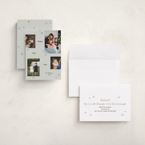 This is a ivory holiday photo cards with standard by Cass Loh called scattered joy printing on signature in grand