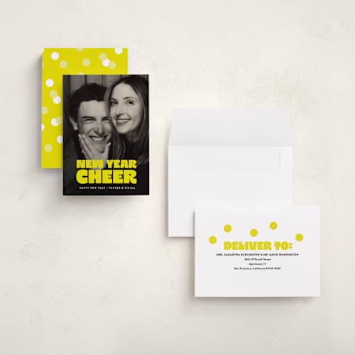 This is a neon yellow holiday photo cards with standard by Susan Asbill called boldly printing on signature in grand