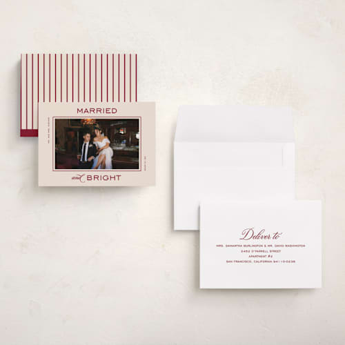 This is a eggnog holiday photo cards with standard by Creo Study called married and bright printing on signature in grand