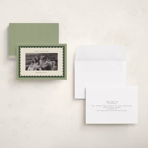 This is a garland holiday photo cards with standard by Ellen Schlegelmilch called gingham layers printing on recycled smooth signature in grand