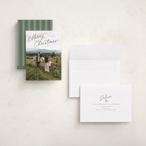 This is a eucalyptus holiday photo cards with standard by Carmia C. called nostalgic script printing on signature in grand