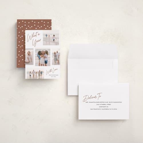 This is a copper holiday photo cards with standard by Stacey Meacham called simply scripted printing on recycled smooth signature in grand