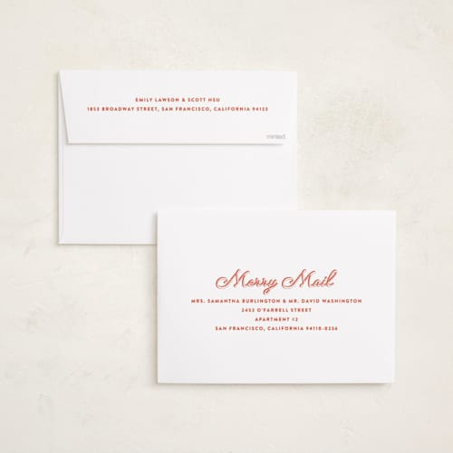 This is a poinsettia holiday photo cards with standard by Ekko Studio called retro script printing on signature in grand