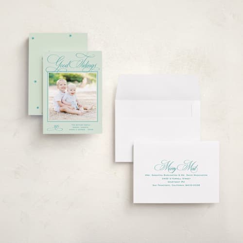 This is a mint holiday photo cards with standard by Megan Davis called julep printing on signature in grand