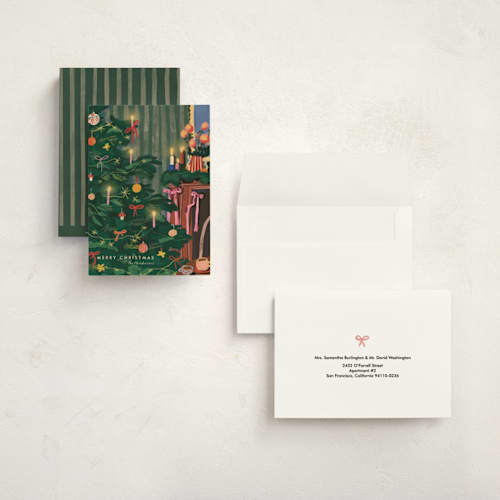 This is a pine holiday photo cards with standard by Joanna Rosado called cosy christmas printing on signature in grand