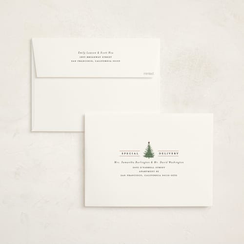 This is a peppermint holiday photo cards with standard by Heather Schertzer called plaid tree printing on signature in grand
