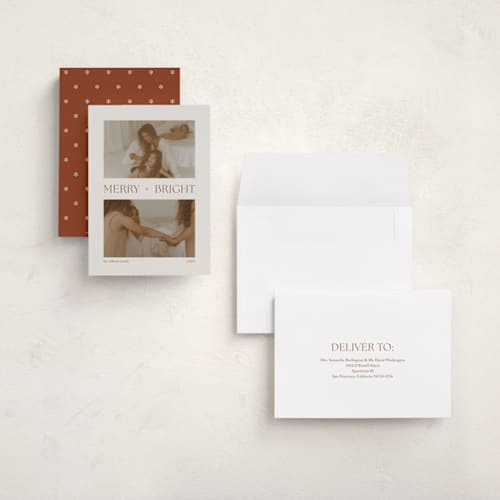 This is a chocolate holiday photo cards with standard by seulghi called merry + bright duo printing on recycled smooth signature in grand