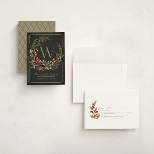 This is a garland holiday photo cards with standard by Wildfield Paper Co called wild wreath printing on signature in grand