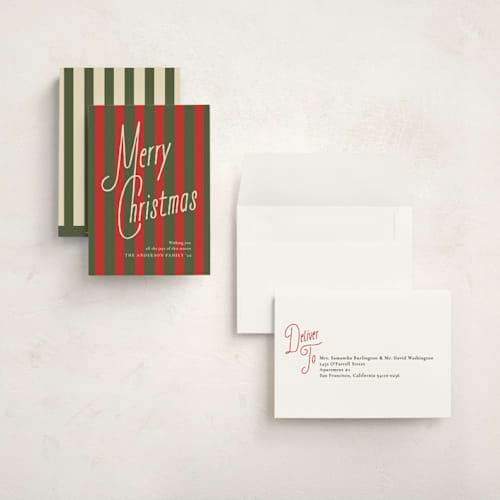 This is a stocking holiday photo cards with standard by Creo Study called vintage script printing on signature in grand