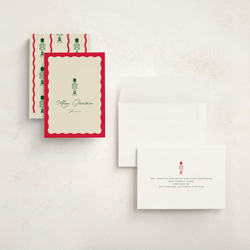 This is a poinsettia holiday photo cards with standard by Jen Ramsey called holiday nutcracker printing on signature in grand