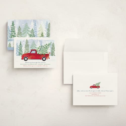 This is a cranberry holiday photo cards with standard by Paper Sun Studio called dashing through the snow printing on signature in grand