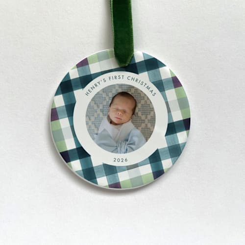 This is a multicolorassorted-colors holiday decorations by Holly Whitcomb called personalized baby photo ornament - milton plaid in standard