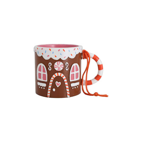 This is a brown holiday decorations by Jollity and Co called baking spirits bright gingerbread house mug ornament in standard
