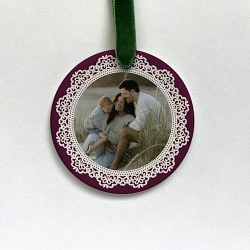 This is a multicolorassorted-colors holiday decorations by Holly Whitcomb called custom ceramic photo ornament - lace in standard