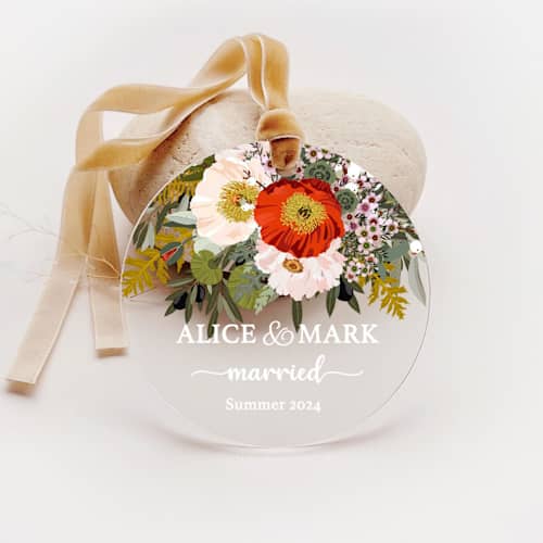 This is a multicolor holiday decorations by Iveta Abolina called personalized acrylic poppy bouquet floral married ornament, set of 1 in standard