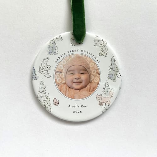 This is a white holiday decorations by Holly Whitcomb called personalized baby ornament - woodland in standard