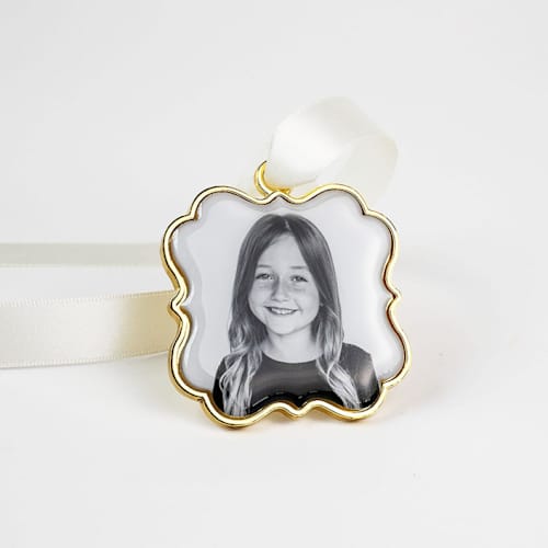 This is a gold holiday decorations by Kimbra Designs called 2026 custom photo ornament gold scallop in standard